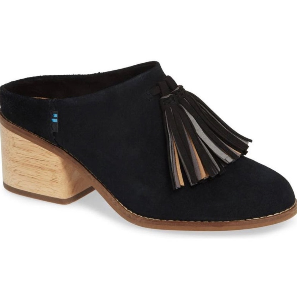 Toms Black Suede Mules with Tassels